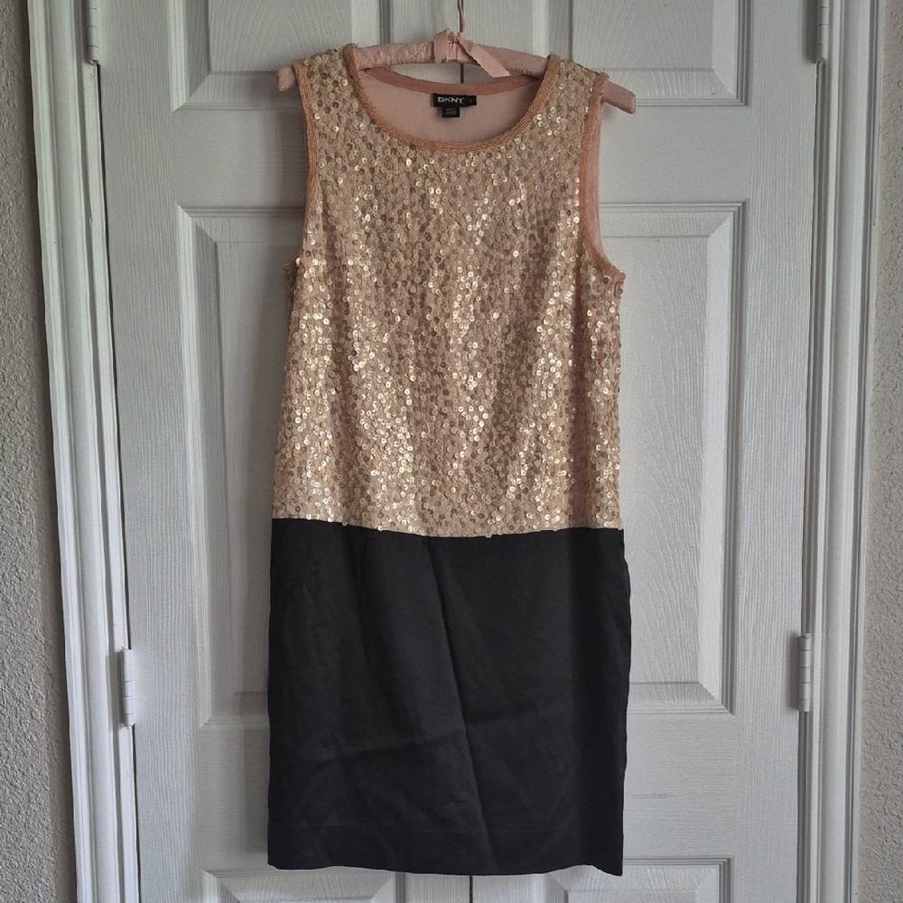 DKNY sequin drop Waist Cocktail Party Dress S Black+Peach Color block Silk Mini